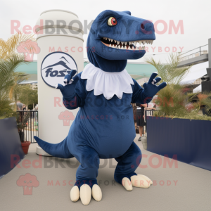 Navy T Rex mascot costume character dressed with a Maxi Skirt and Gloves