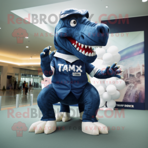 Navy T Rex mascot costume character dressed with a Maxi Skirt and Gloves