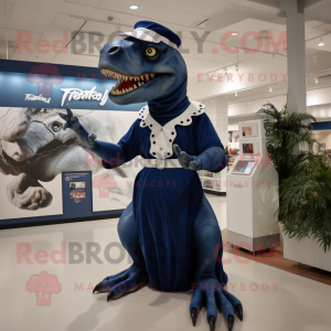 Navy T Rex mascot costume character dressed with a Maxi Skirt and Gloves