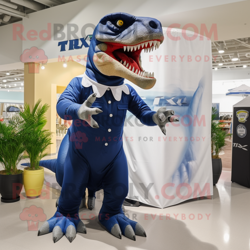 Navy T Rex mascot costume character dressed with a Maxi Skirt and Gloves Navy T Rex mascot costume character dressed with a Maxi Skirt and Gloves