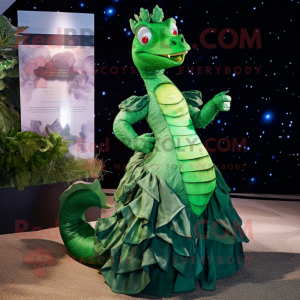 Green Seahorse mascot costume character dressed with a Evening Gown and Wraps