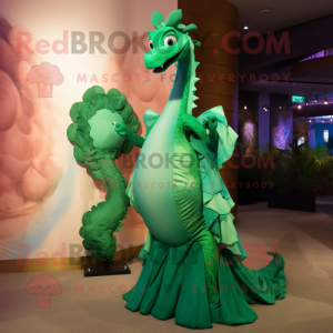 Green Seahorse mascot costume character dressed with a Evening Gown and Wraps