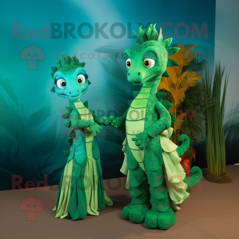 Green Seahorse mascot costume character dressed with a Evening Gown and Wraps