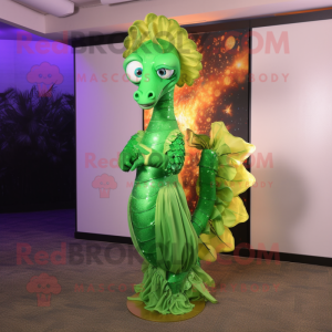 Green Seahorse mascot costume character dressed with a Evening Gown and Wraps
