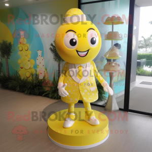 Lemon Yellow Wedding Cake mascot costume character dressed with a Board Shorts and Hairpins