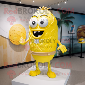 Lemon Yellow Wedding Cake mascot costume character dressed with a Board Shorts and Hairpins