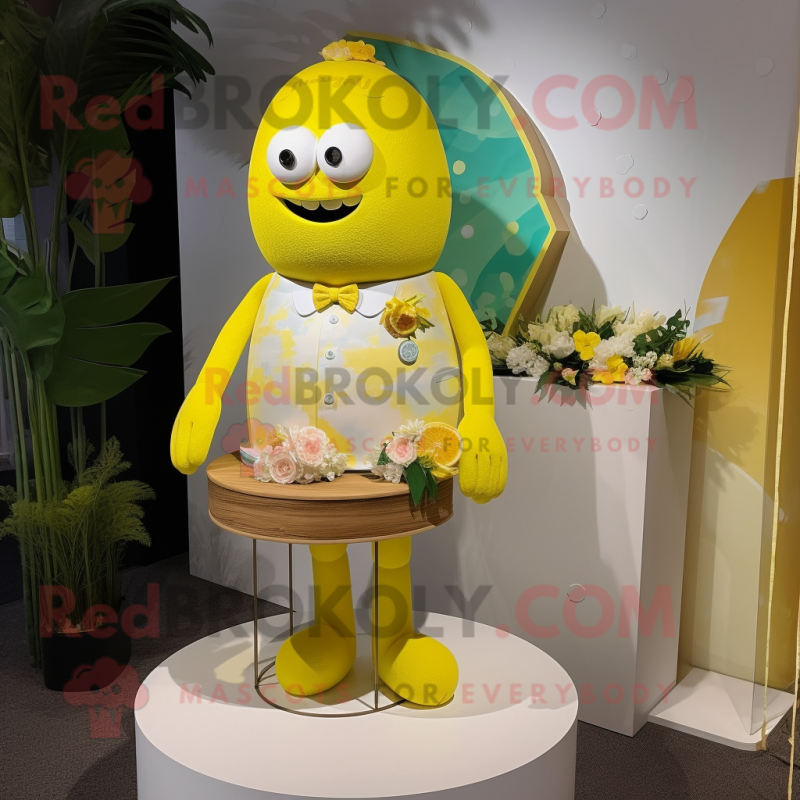 Lemon Yellow Wedding Cake mascot costume character dressed with a Board Shorts and Hairpins