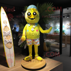Lemon Yellow Wedding Cake mascot costume character dressed with a Board Shorts and Hairpins