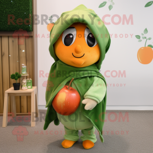 Forest Green Apricot mascot costume character dressed with a Sweatshirt and Shawls