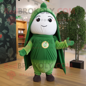 Forest Green Apricot mascot costume character dressed with a Sweatshirt and Shawls