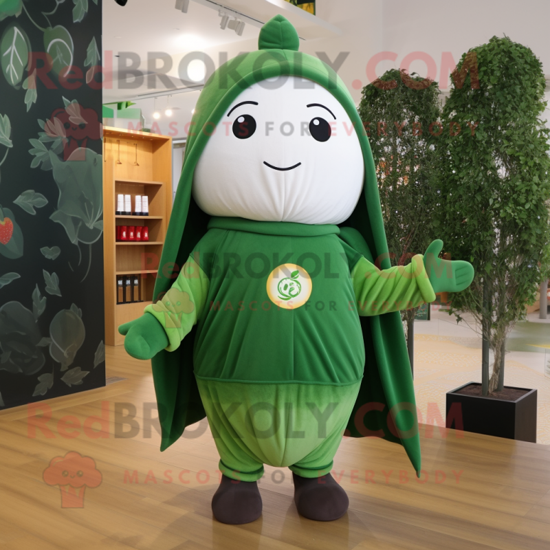 Forest Green Apricot mascot costume character dressed with a Sweatshirt and Shawls