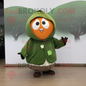 Forest Green Apricot mascot costume character dressed with a Sweatshirt and Shawls