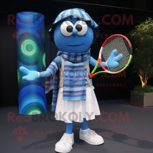 Blue Tennis Racket mascot costume character dressed with a Cardigan and Shawls