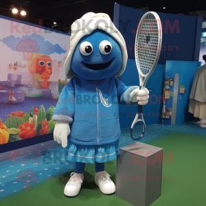 Blue Tennis Racket mascot costume character dressed with a Cardigan and Shawls