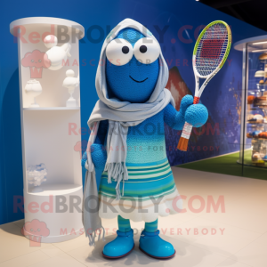 Blue Tennis Racket mascot costume character dressed with a Cardigan and Shawls