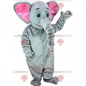 Mascota elefante gris y rosa con una gran trompa -