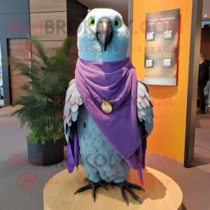 Lavender Parrot mascot costume character dressed with a Vest and Shawls