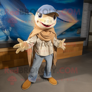 Tan Swordfish mascot costume character dressed with a Jeans and Shawls