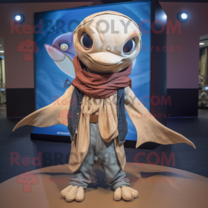 Tan Swordfish mascot costume character dressed with a Jeans and Shawls
