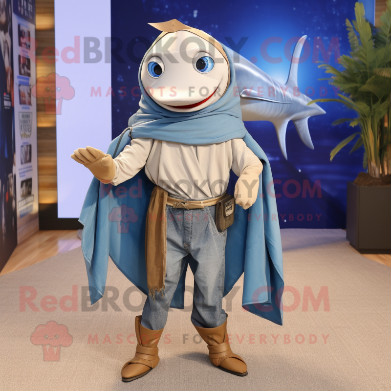 Tan Swordfish mascot costume character dressed with a Jeans and Shawls