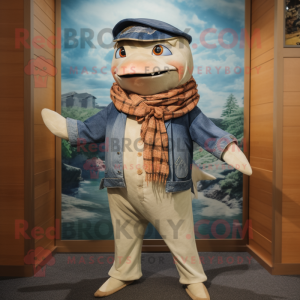 Tan Swordfish mascot costume character dressed with a Jeans and Shawls