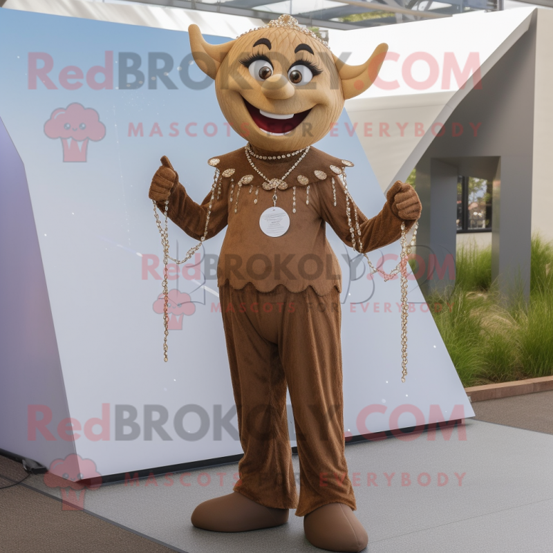 Brown Tooth Fairy mascot costume character dressed with a Jumpsuit and Necklaces