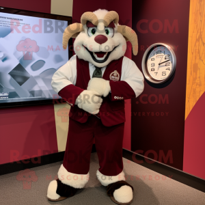 Maroon Ram mascot costume character dressed with a Tuxedo and Bracelet watches