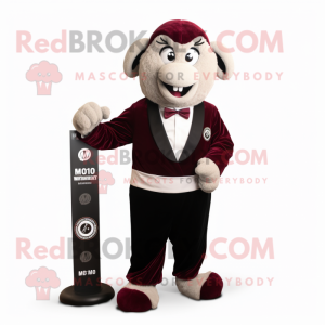 Maroon Ram mascot costume character dressed with a Tuxedo and Bracelet watches