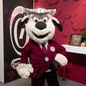 Maroon Ram mascot costume character dressed with a Tuxedo and Bracelet watches