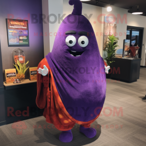 Purple Eggplant mascot costume character dressed with a Mom Jeans and Shawl pins