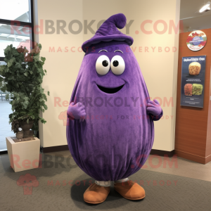 Purple Eggplant mascot costume character dressed with a Mom Jeans and Shawl pins