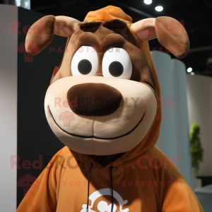 Brown Jersey Cow mascot costume character dressed with a Hoodie and Earrings