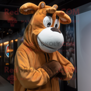 Brown Jersey Cow mascot costume character dressed with a Hoodie and Earrings