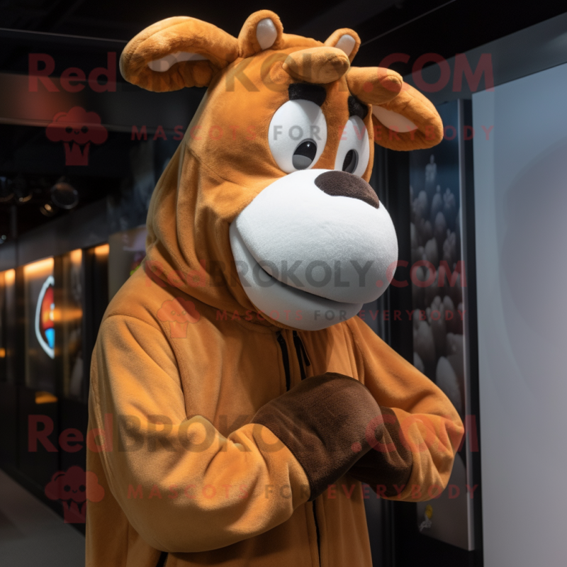 Brown Jersey Cow mascot costume character dressed with a Hoodie and Earrings