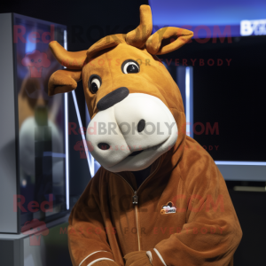 Brown Jersey Cow mascot costume character dressed with a Hoodie and Earrings