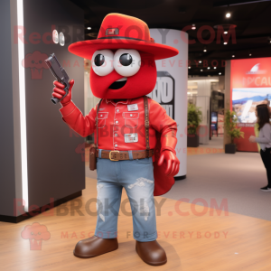 Red Sniper mascot costume character dressed with a Boyfriend Jeans and Cufflinks