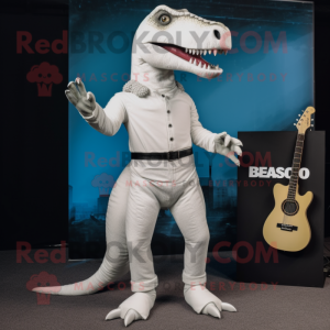 White Allosaurus mascot costume character dressed with a Skinny Jeans and Hairpins