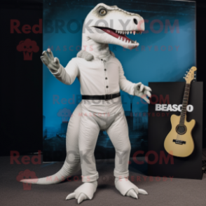 White Allosaurus mascot costume character dressed with a Skinny Jeans and Hairpins