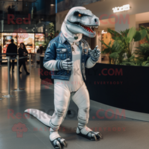 White Allosaurus mascot costume character dressed with a Skinny Jeans and Hairpins