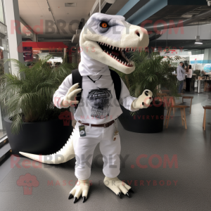 White Allosaurus mascot costume character dressed with a Skinny Jeans and Hairpins