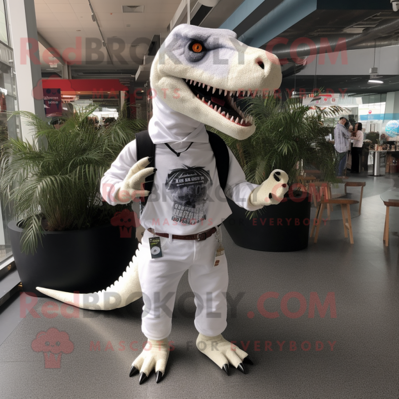 Beige Allosaurus mascot costume character dressed with a Chambray