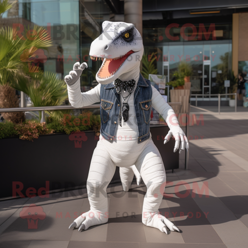 White Allosaurus mascot costume character dressed with a Skinny Jeans and Hairpins