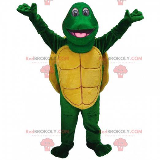 Green and yellow turtle mascot, green animal costume -