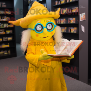 Yellow Witch mascot costume character dressed with a Playsuit and Reading glasses