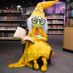 Yellow Witch mascot costume character dressed with a Playsuit and Reading glasses