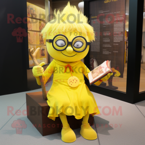 Yellow Witch mascot costume character dressed with a Playsuit and Reading glasses