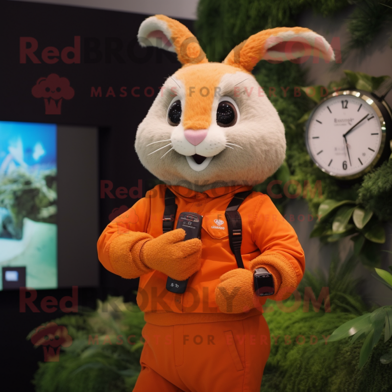 Orange Rabbit mascot costume character dressed with a Sheath Dress and Smartwatches