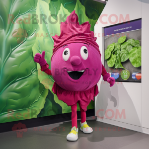 Magenta Cabbage Leaf mascot costume character dressed with a Running Shorts and Lapel pins
