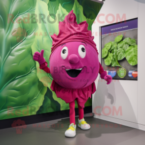 Magenta Cabbage Leaf mascot costume character dressed with a Running Shorts and Lapel pins