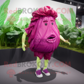 Magenta Cabbage Leaf mascot costume character dressed with a Running Shorts and Lapel pins